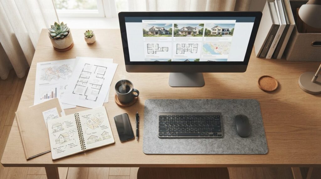 Overhead view of a desk with multiple documents, a computer 