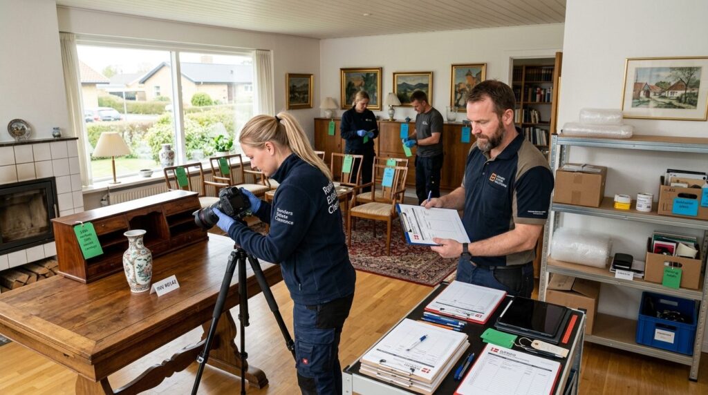 Professional estate clearance team systematically organizing