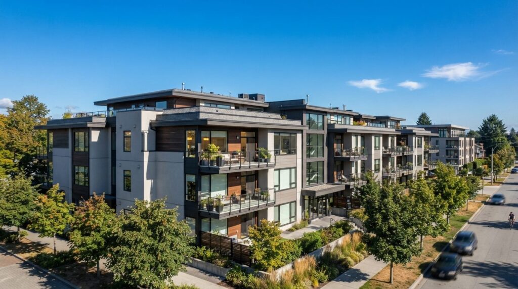Wide angle photograph of a modern residential building with 