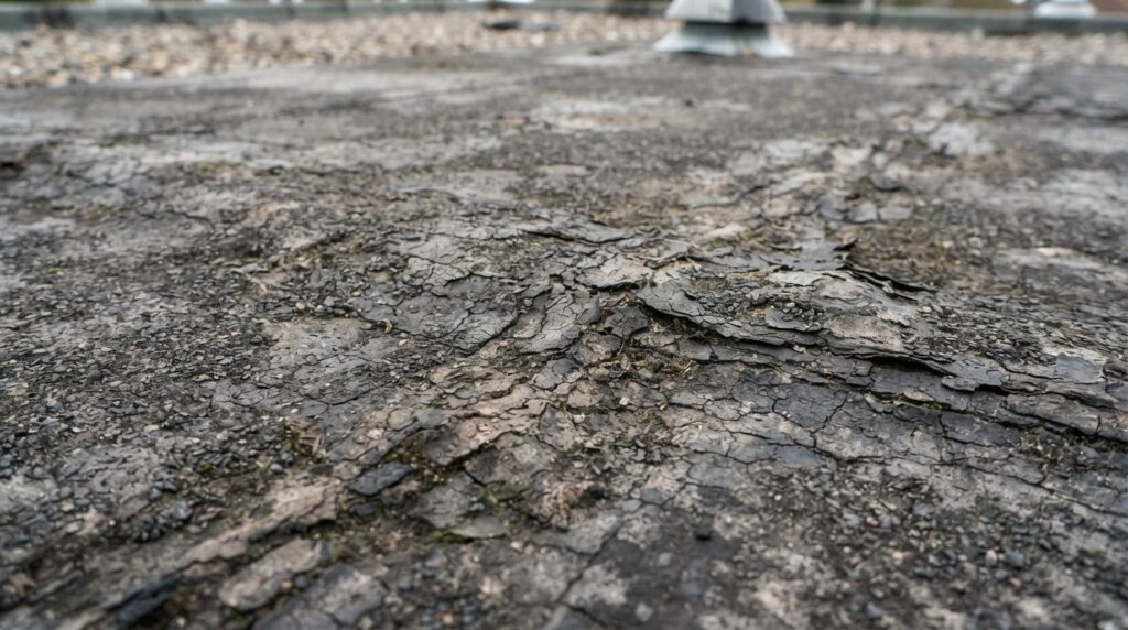 Close-up detailed stock photo of aged bituminous roofing mat