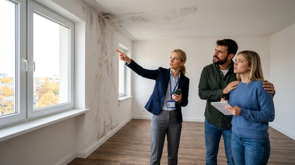 Real estate agent and young couple examining ceiling and wal