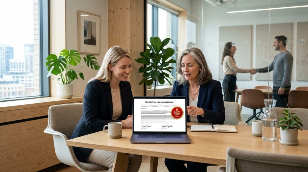 Photorealistic image of a landlord and tenant meeting in a m