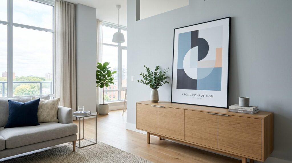 Minimalistisk stue med højtloftet og stort vindue, hvor én stor plakat er det eneste vægdekorationselement.