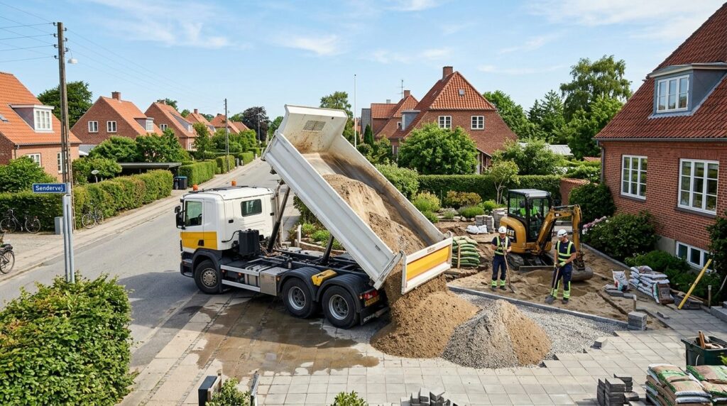 Wide-angle photograph of a delivery truck unloading bulk san