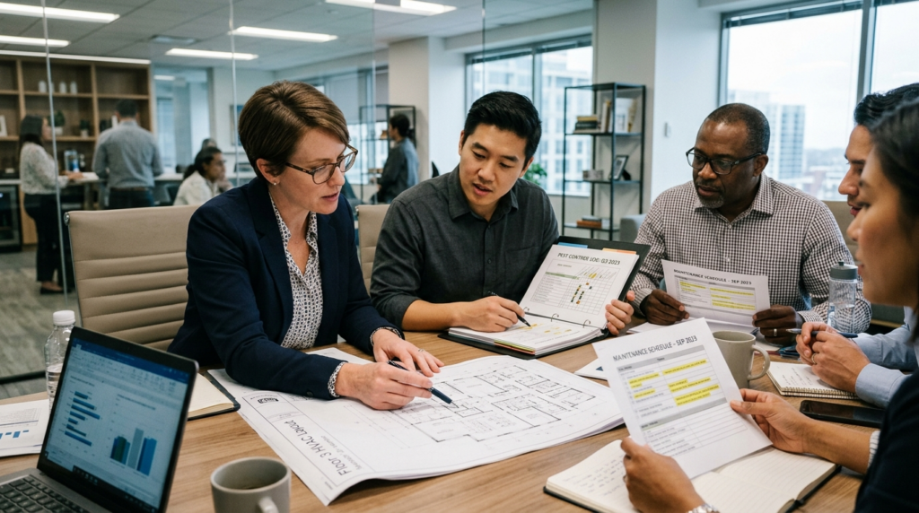 Close-up realistic photograph of a building management team 