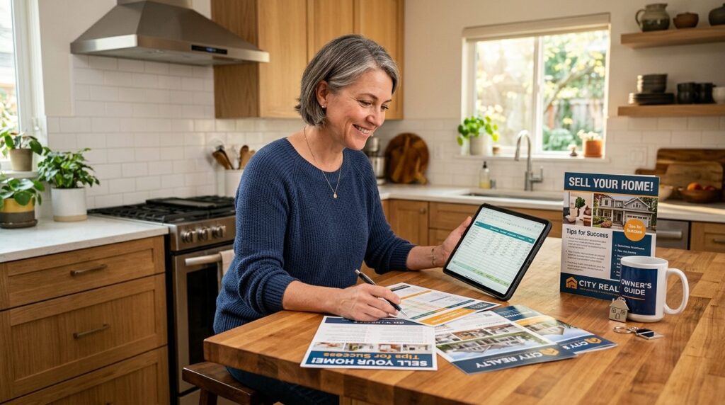 Middle-aged homeowner in modern kitchen reviewing printed ma