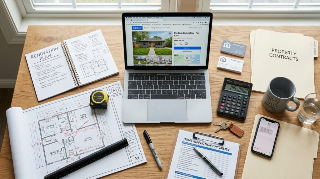 Overhead flat lay composition of house hunting and renovatio