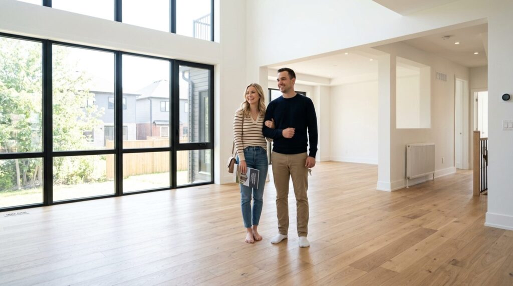 Young family couple standing in empty bright living room of 