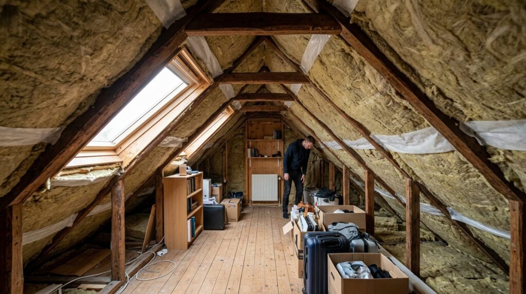 Wide angle photograph of cramped attic room with sloped ceil