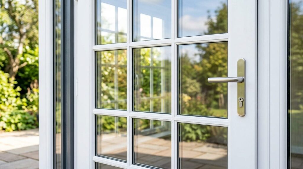 Close-up detail shot of white PVC shed door with 13 glass pa