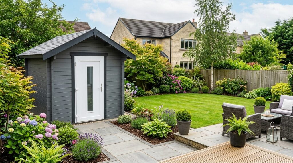 Exterior home improvement scene: Complete garden building wi